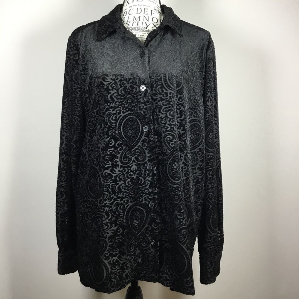 Black velvet burnout button down shirt geometric brocade pattern button cuff L